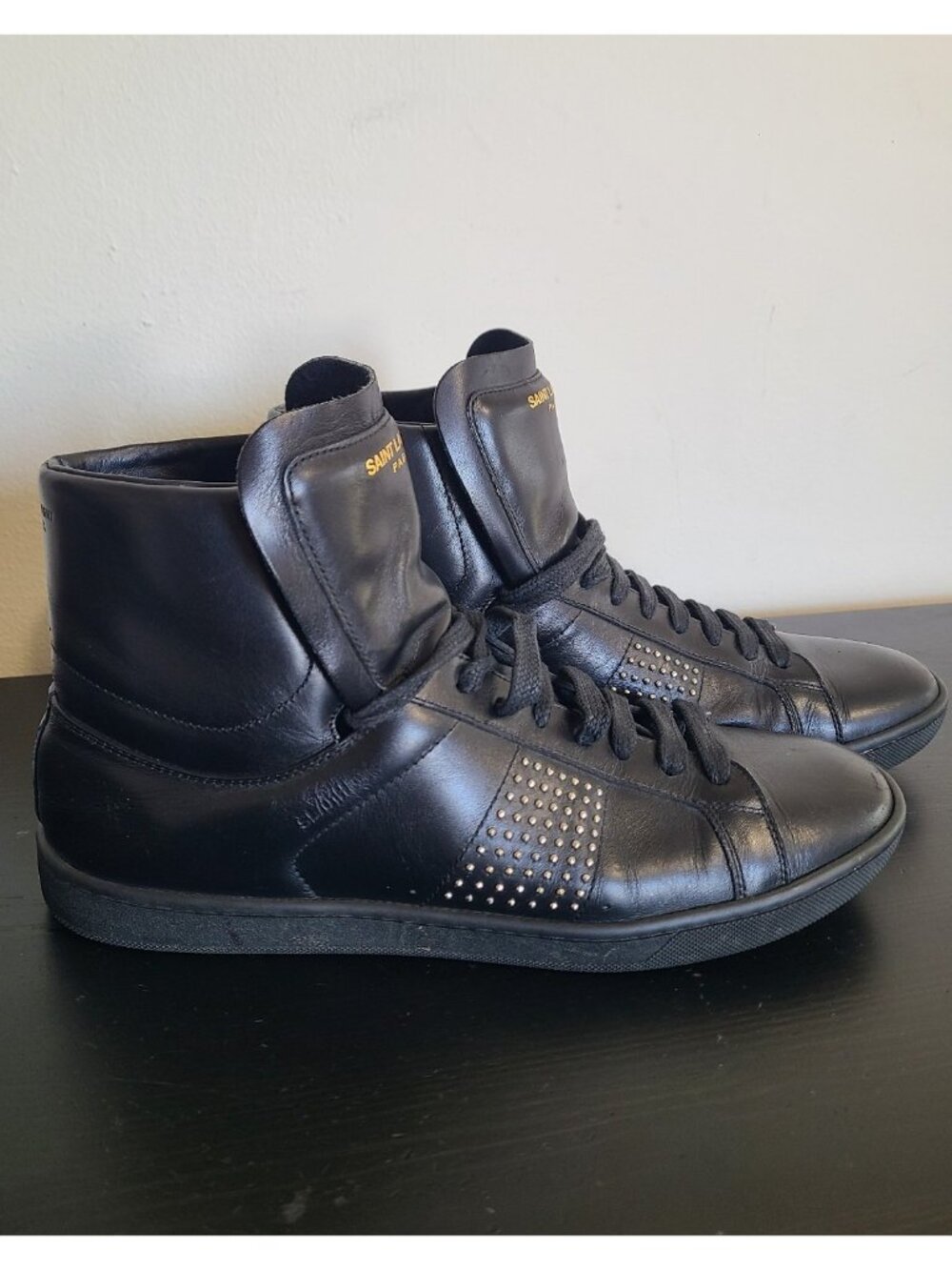 Saint Laurent SL/01H Studded High-Top Sneakers Black Leather size 39